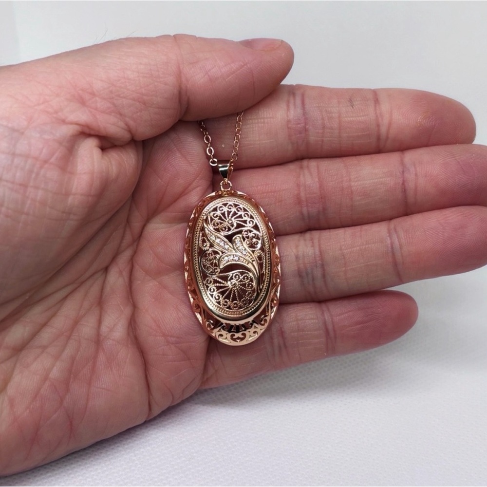 585 Stamped Rose Gold Plated Sterling Silver Vintage Style Oval Zircon Necklace - Picture 8 of 9
